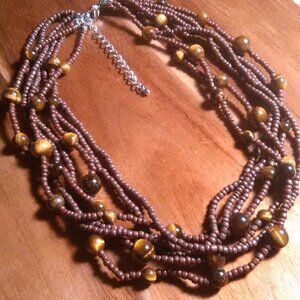 Tiger's Eye and Brown Seed Bead Silvertone Necklace